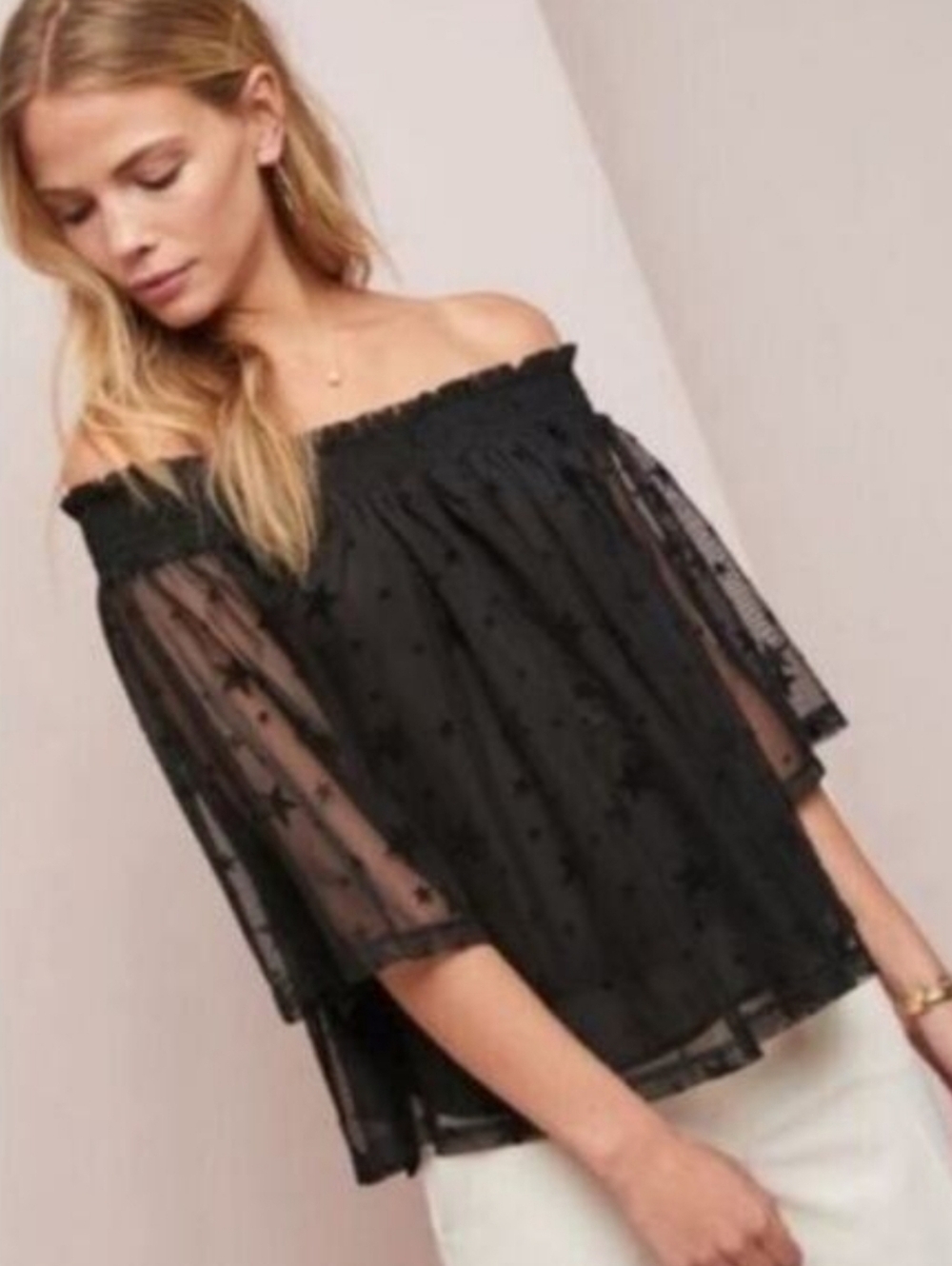 Anthropologie Maeve Black Star Print  Off-Shoulder Stars Top S